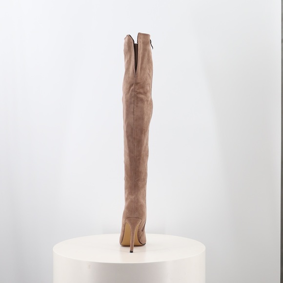 Pointed Toe Knee High Stiletto Heel Boot in Beige Faux Suede, Women’s - Picture 4 of 12